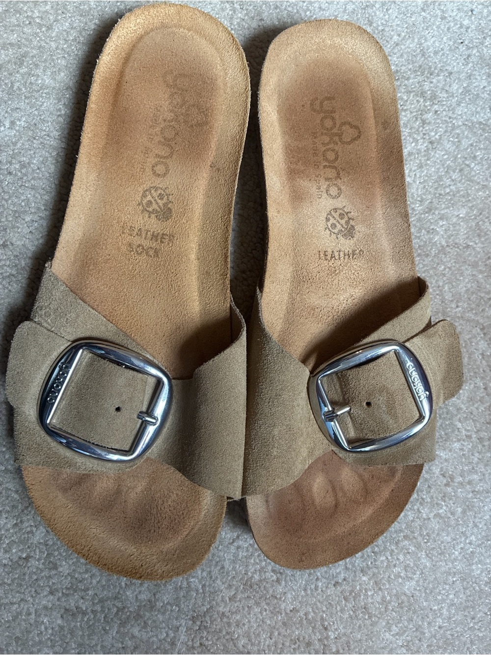 Yokono Tan Suede Slide Sandals with Silver Buckles